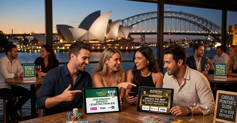 A group of four Australian friends smiling at tablets displaying low minimum deposit casinos ($1 to $20) on a wooden table with Australian dollar bills and poker chips. In the blurred background are the Sydney Opera House and Harbour Bridge at night.
