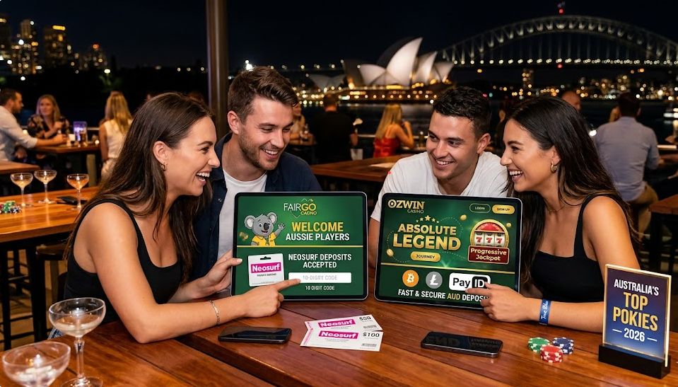 A candid photograph of four friends laughing and pointing at two tablet screens displaying the Fair Go and Ozwin Casino interfaces in a Sydney rooftop bar at night. The screens highlight the 2026 Top Pokies guide and show actual Neosurf voucher codes being entered.