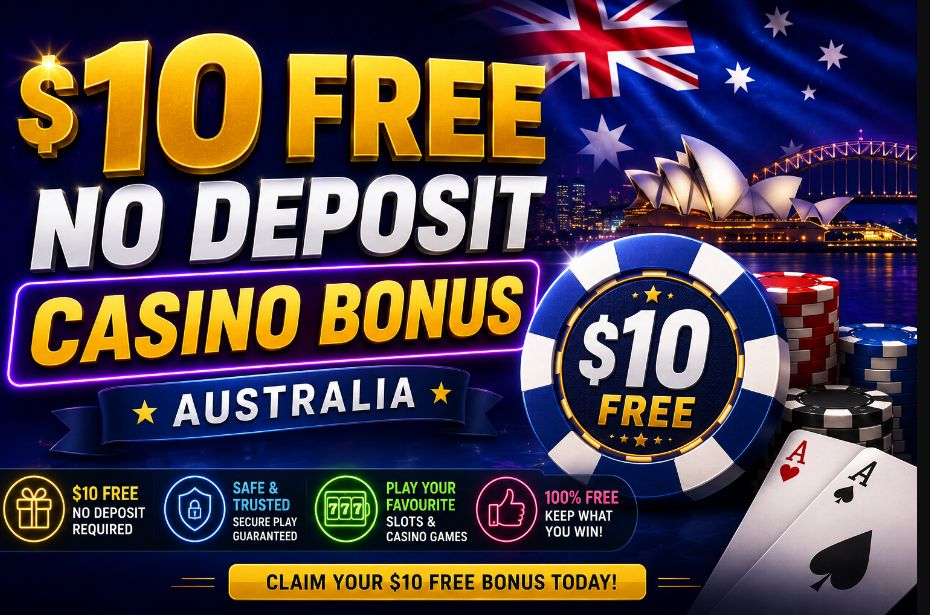 10 free no deposit casino bonus in Australia featuring casino chips, playing cards and Australian-themed graphics