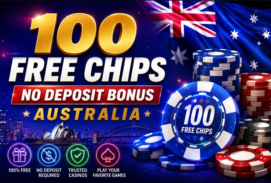 100 free chips no deposit bonus in Australia with casino chips and Australian-themed casino graphics