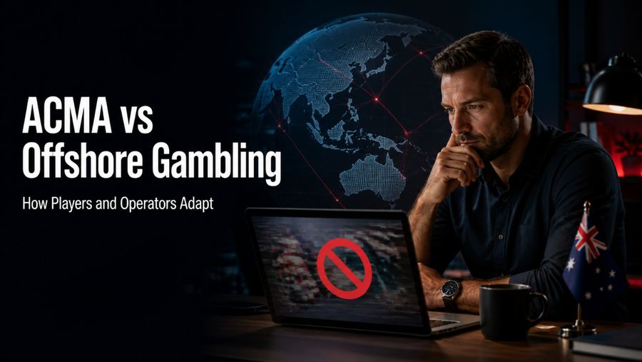 Adult Australian player viewing a blocked offshore casino website on a laptop, illustrating ACMA enforcement and online gambling regulatory gaps.
