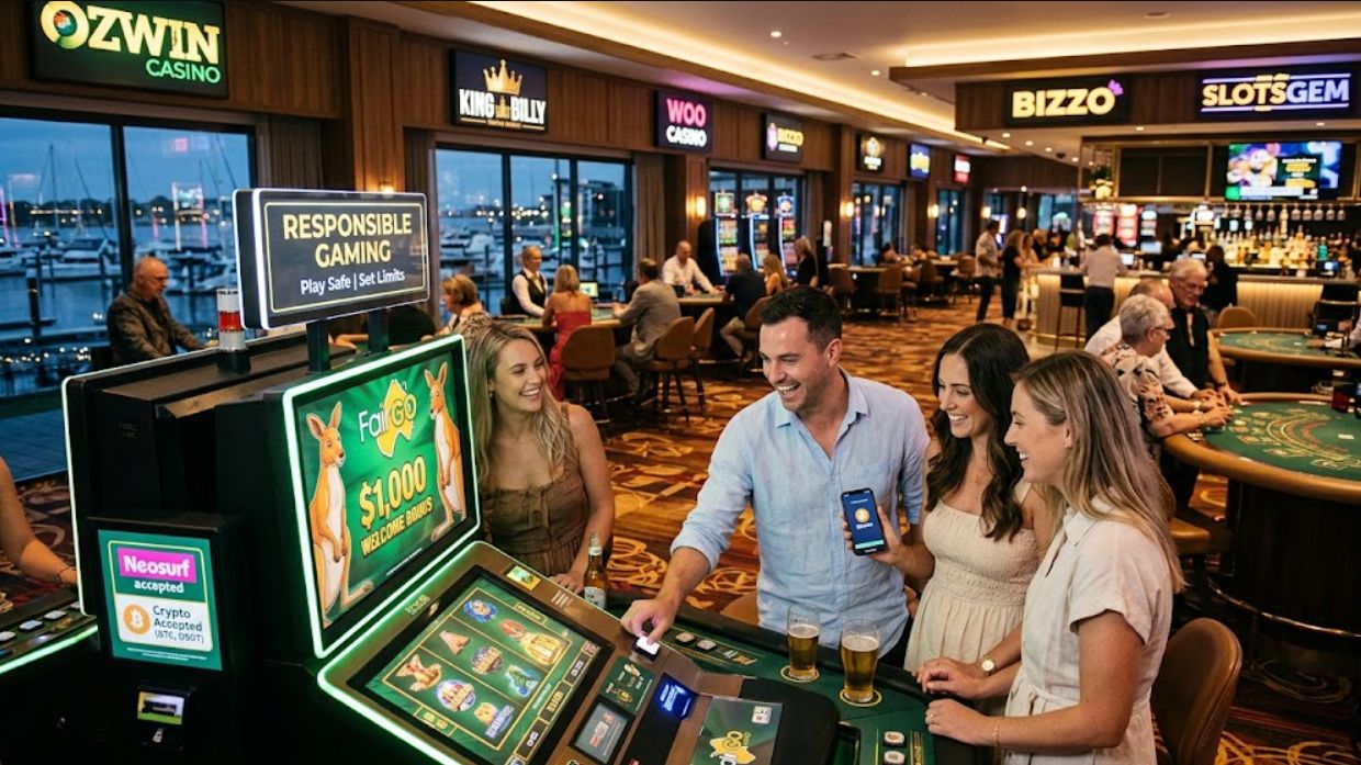 A wide-angle landscape photograph of a luxury casino floor interior featuring Australian branding, numerous patrons at pokie machines and gaming tables, with prominent signs for Responsible Gaming, Crypto Accepted, Fast Payouts, and VPN Access.