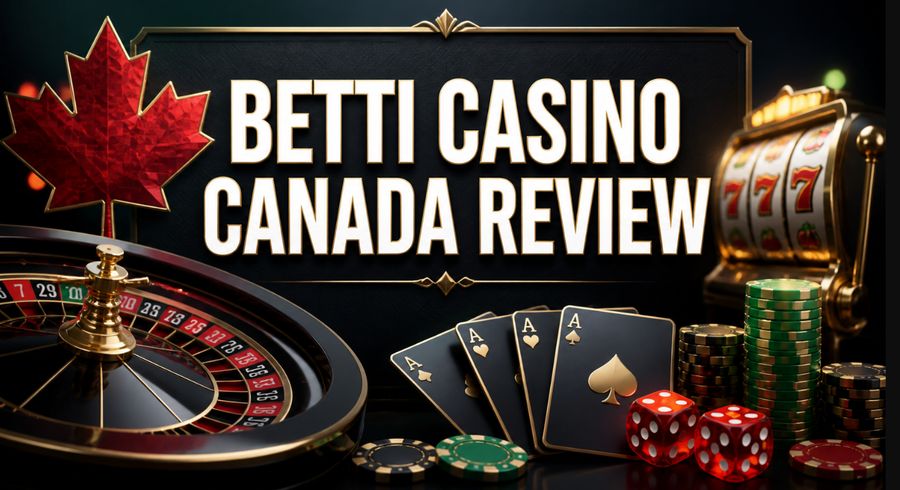 Betti Casino Canada review banner featuring slots, roulette, playing cards, dice and a Canadian maple leaf.