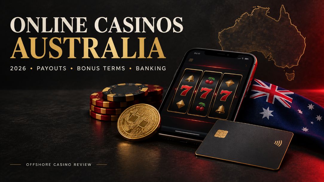 Australian online casino review graphic for 2026 featuring a smartphone, casino chips, digital coin and bank card, highlighting payouts, bonus terms and banking.
